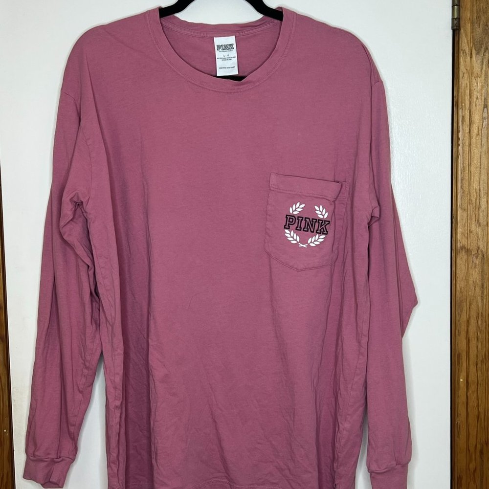 Large PINK Victorias Secret Long Sleeve Logo Pocket Tee